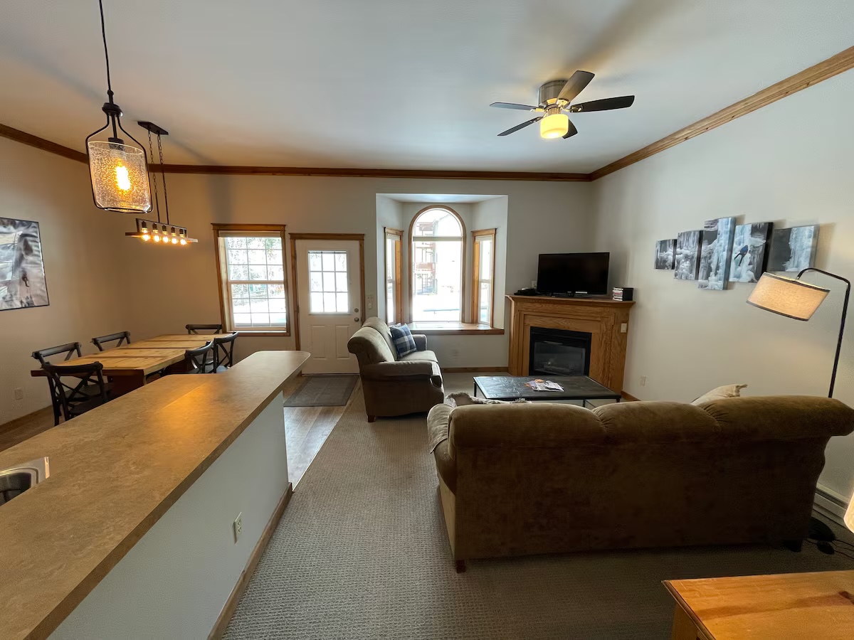 Open living and dining area with the breakfast bar, the fireplace and an arched window